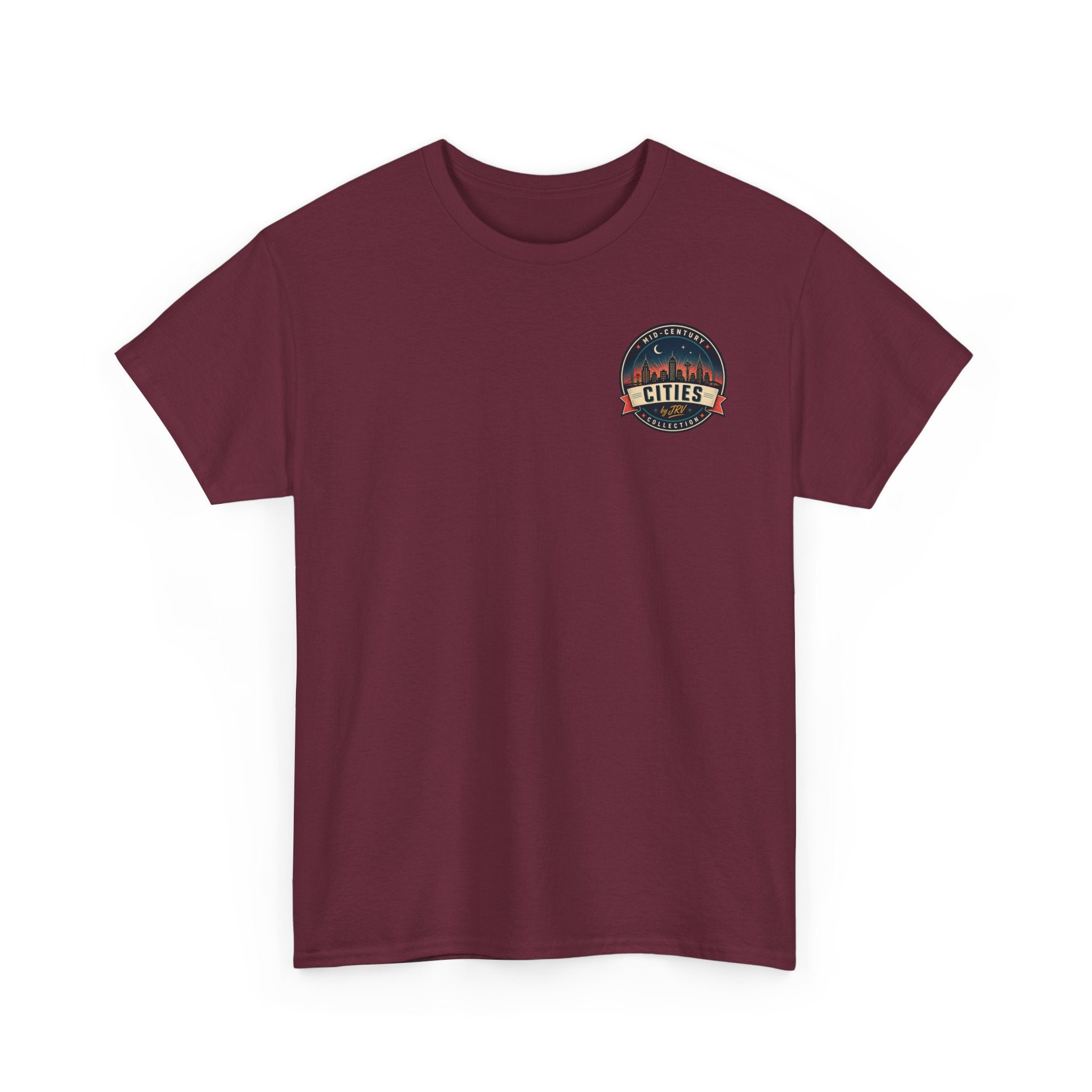 Austin t-shirt, maroon with small circular Cities chest badge