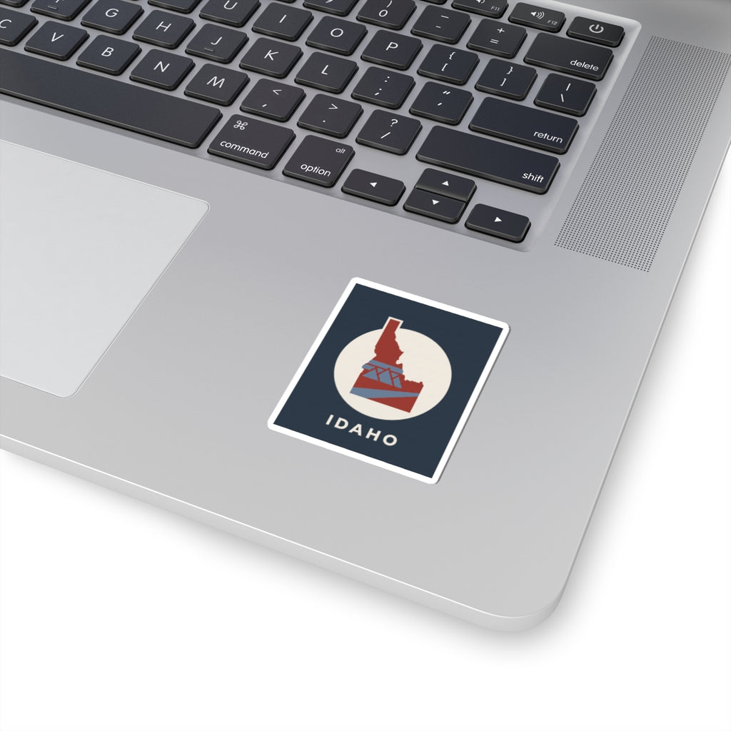 Square Idaho state silhouette sticker with retro red and blue geometric graphic