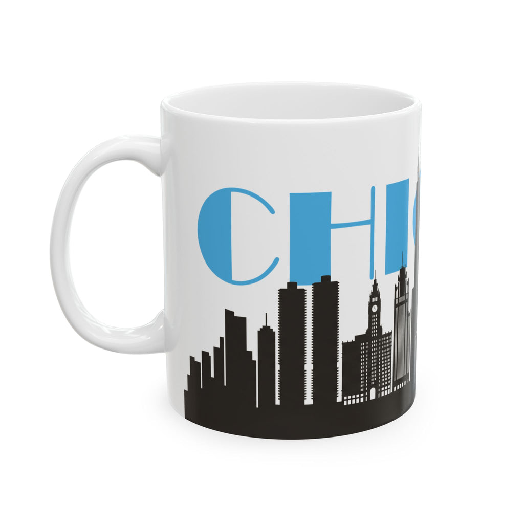 White ceramic mug with handle, black Chicago skyline and blue 'CH' lettering