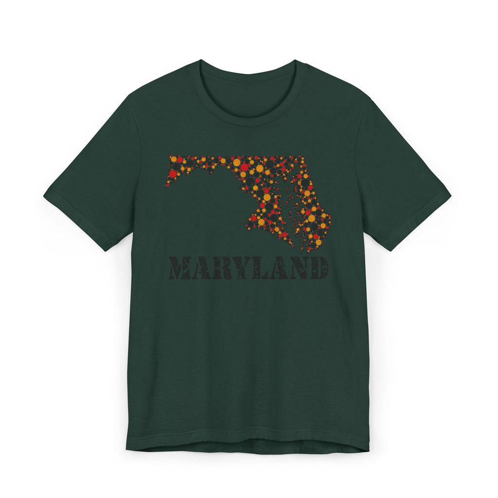 Dark teal Maryland floral map graphic T-shirt with dotted map and 'MARYLAND' lettering