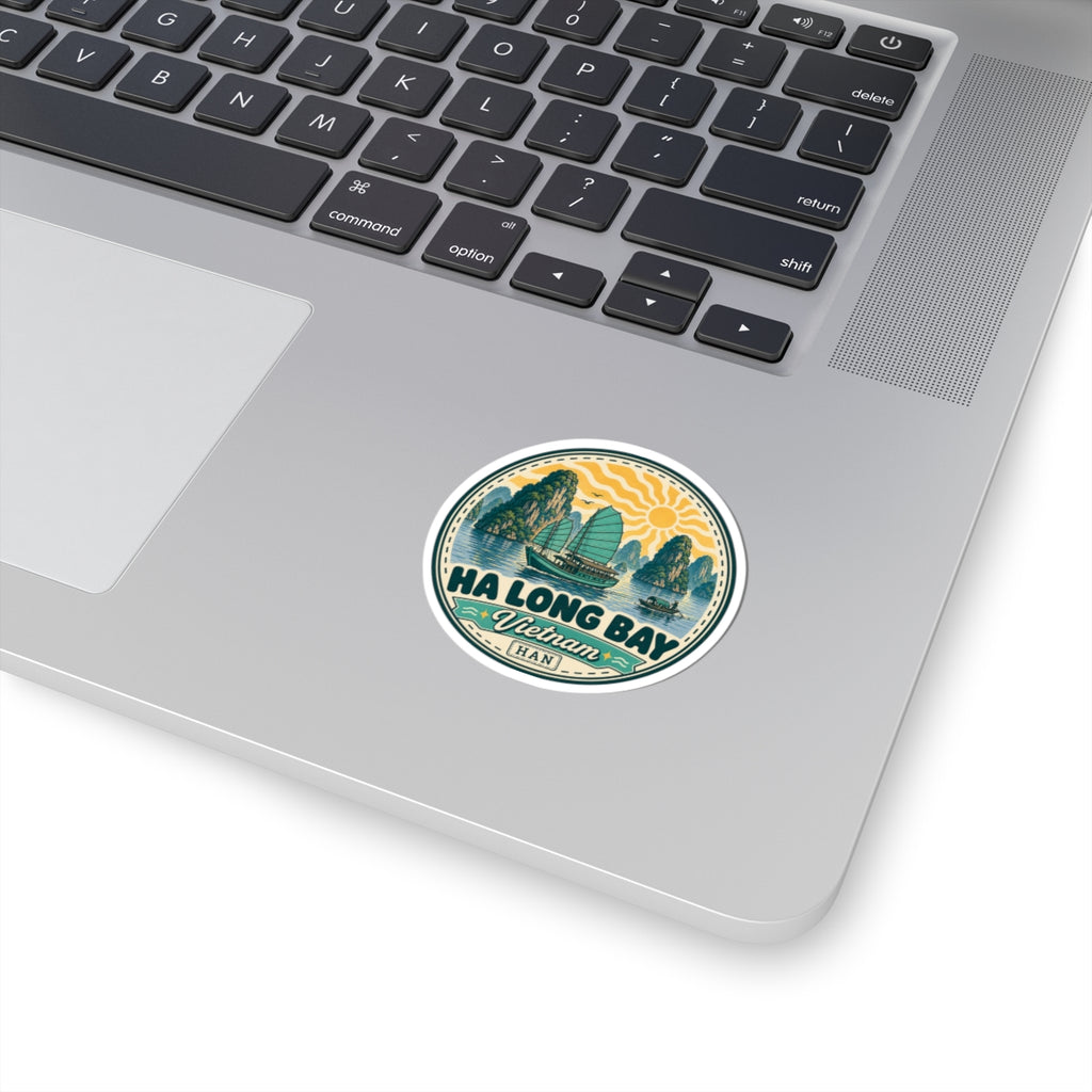 Ha Long Bay vintage travel sticker with boat and mountains, circular design