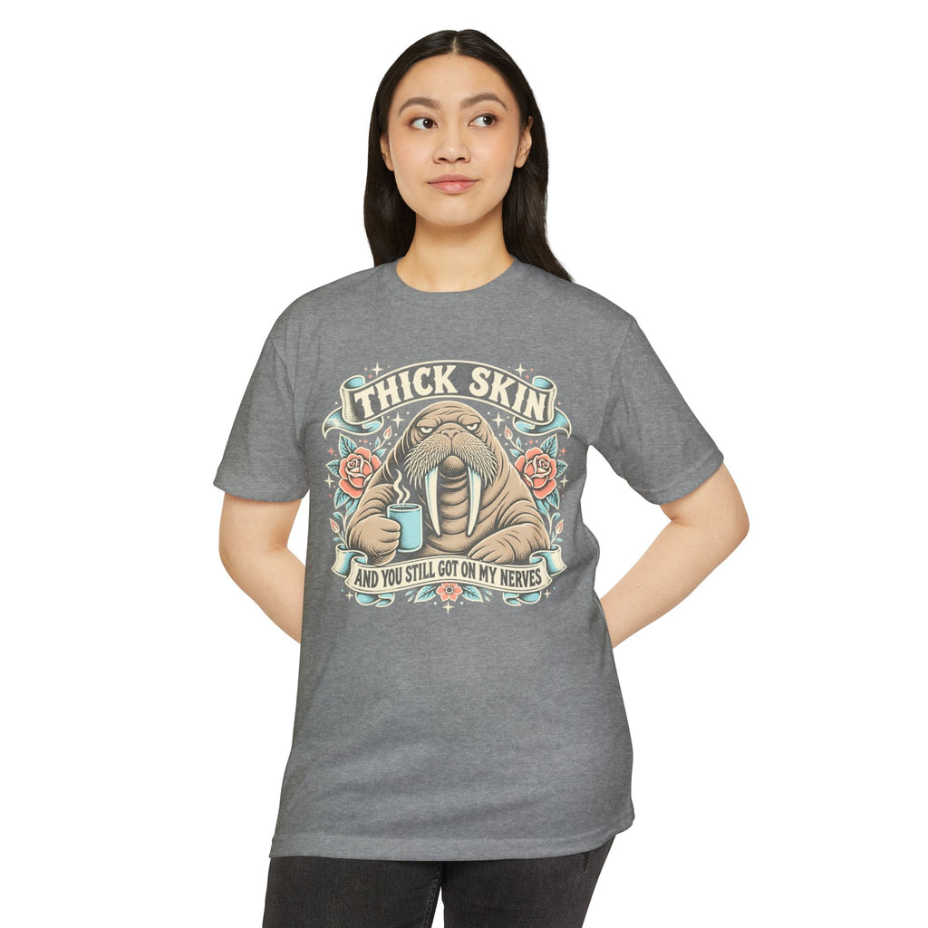 Gray funny walrus graphic T-shirt with colorful front illustration
