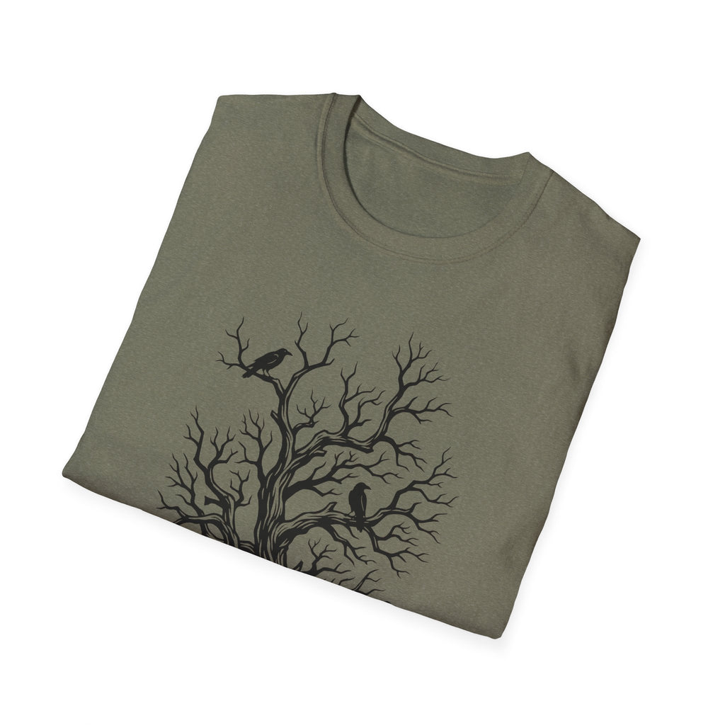Olive crew-neck T-shirt with black bare-branch tree and crows graphic
