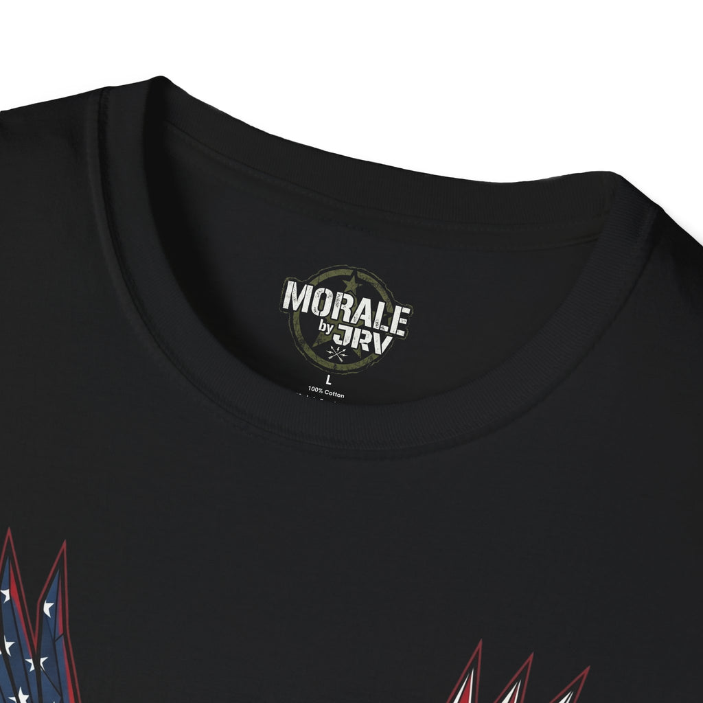 Black crew-neck T-shirt with “Morale by TRV” label and eagle-wing edge