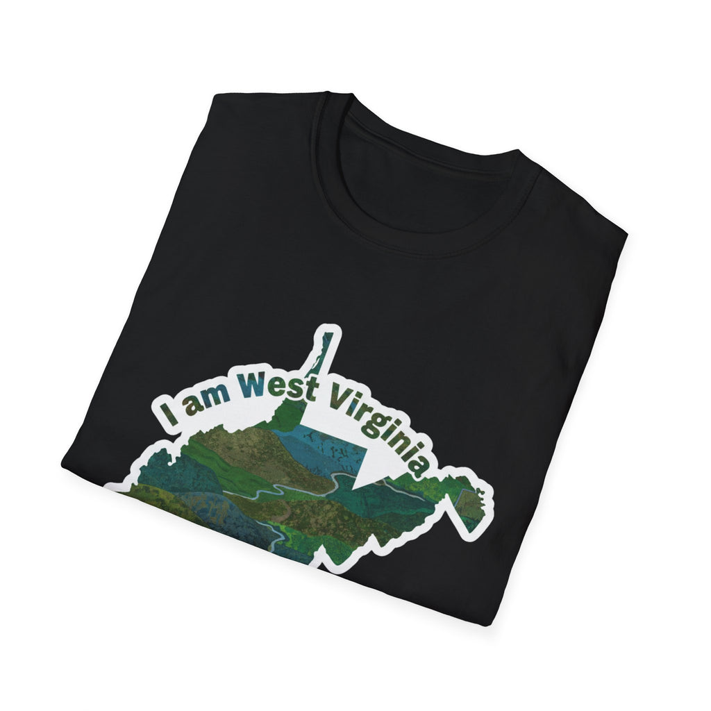 Black West Virginia map T-shirt with 'I am West Virginia' outdoor landscape print