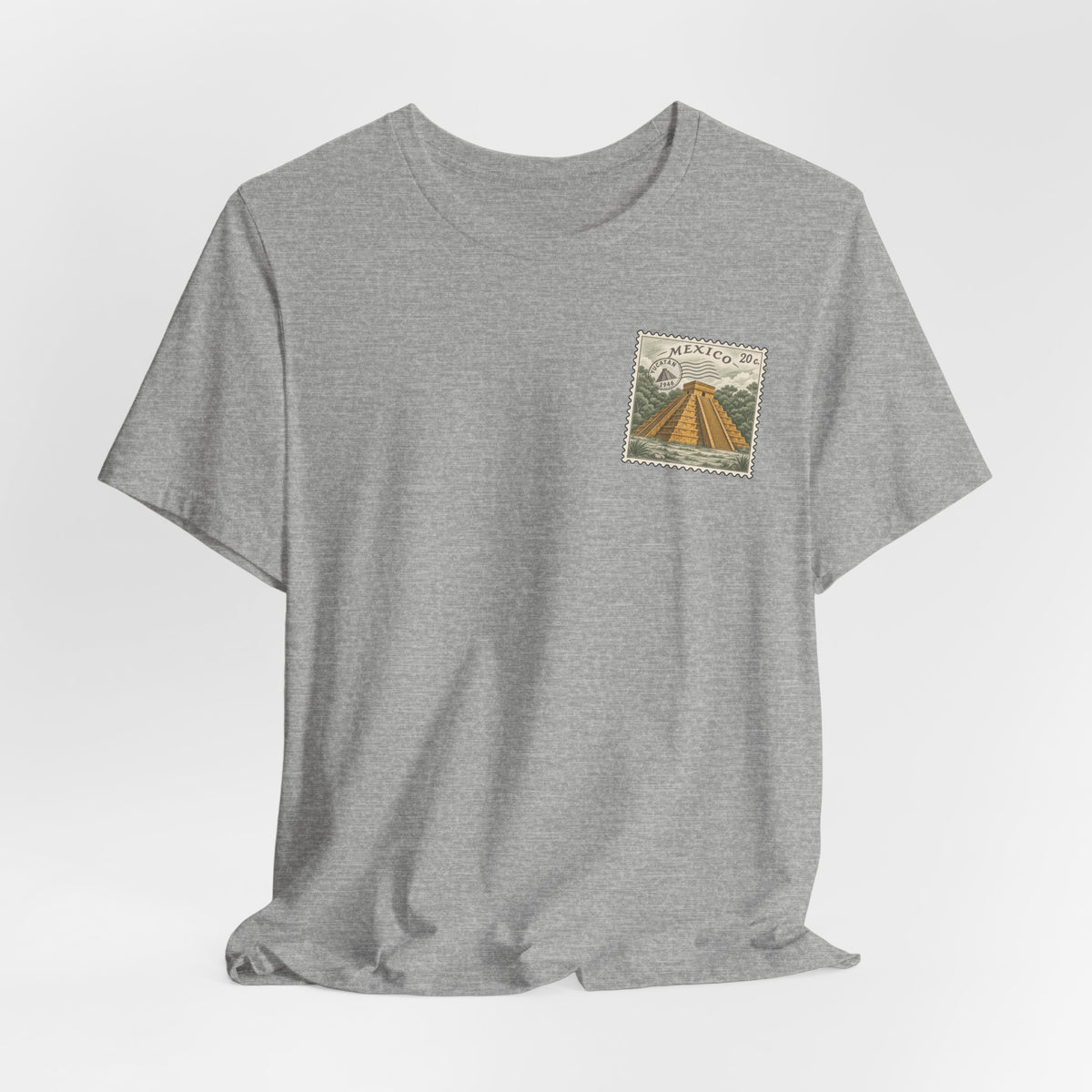 Heather gray crewneck T-shirt with small Mexico postage stamp graphic on chest