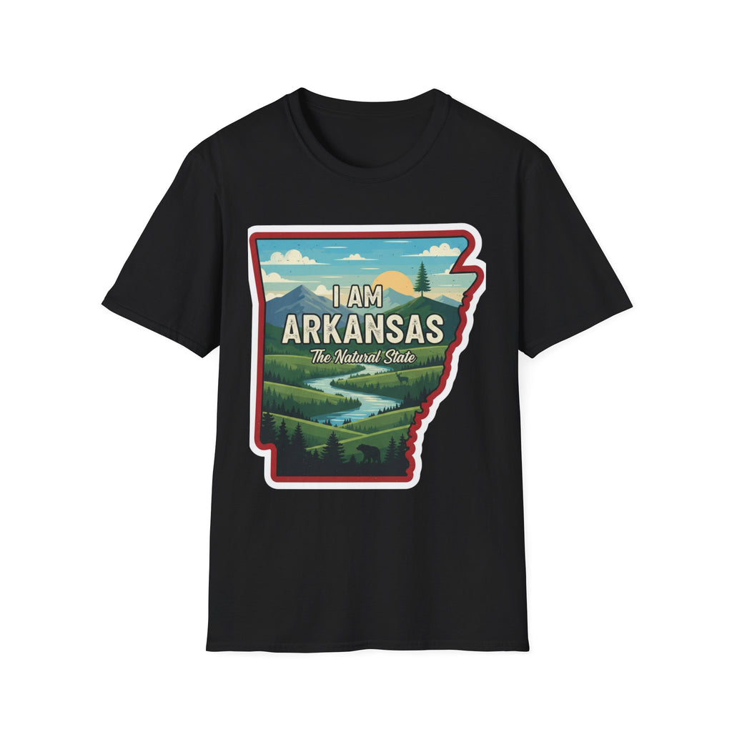 I AM Arkansas T-shirt in black with state-shaped landscape graphic and “The Natural State”