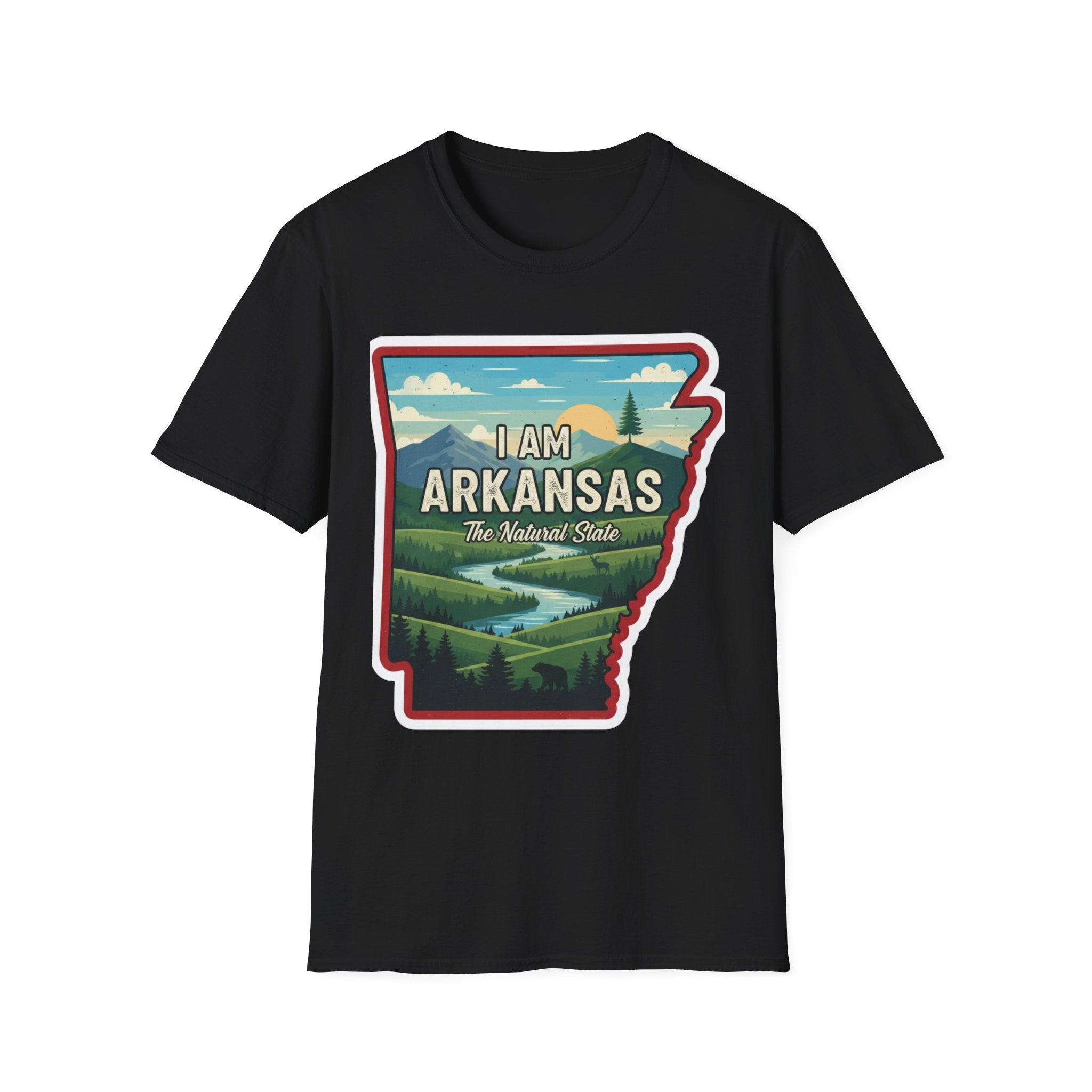 I AM Arkansas T-shirt in black with state-shaped landscape graphic and “The Natural State”