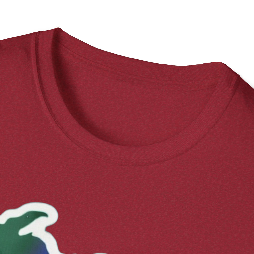 Michigan State Map Heart T-shirt in Antique Cherry Red, crew neck close-up