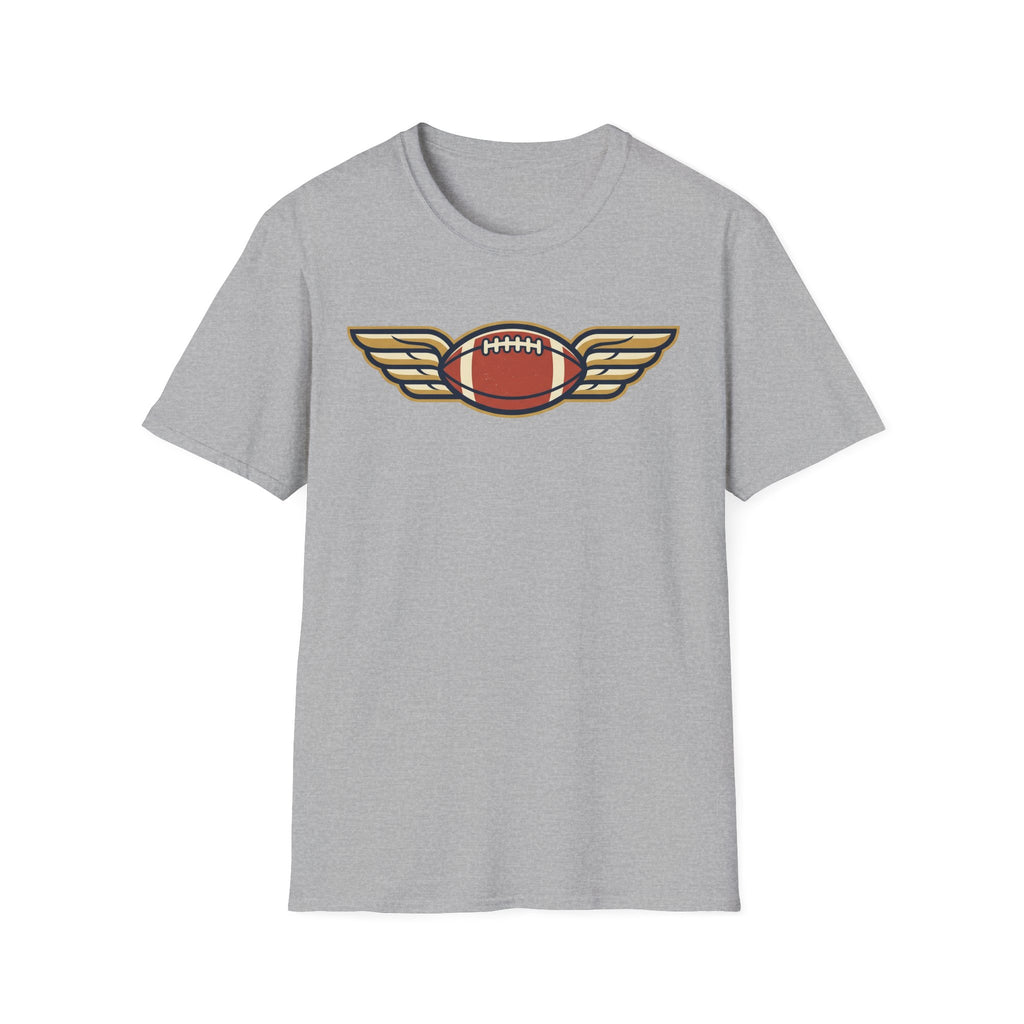 Light gray crewneck T-shirt with winged football graphic at center chest