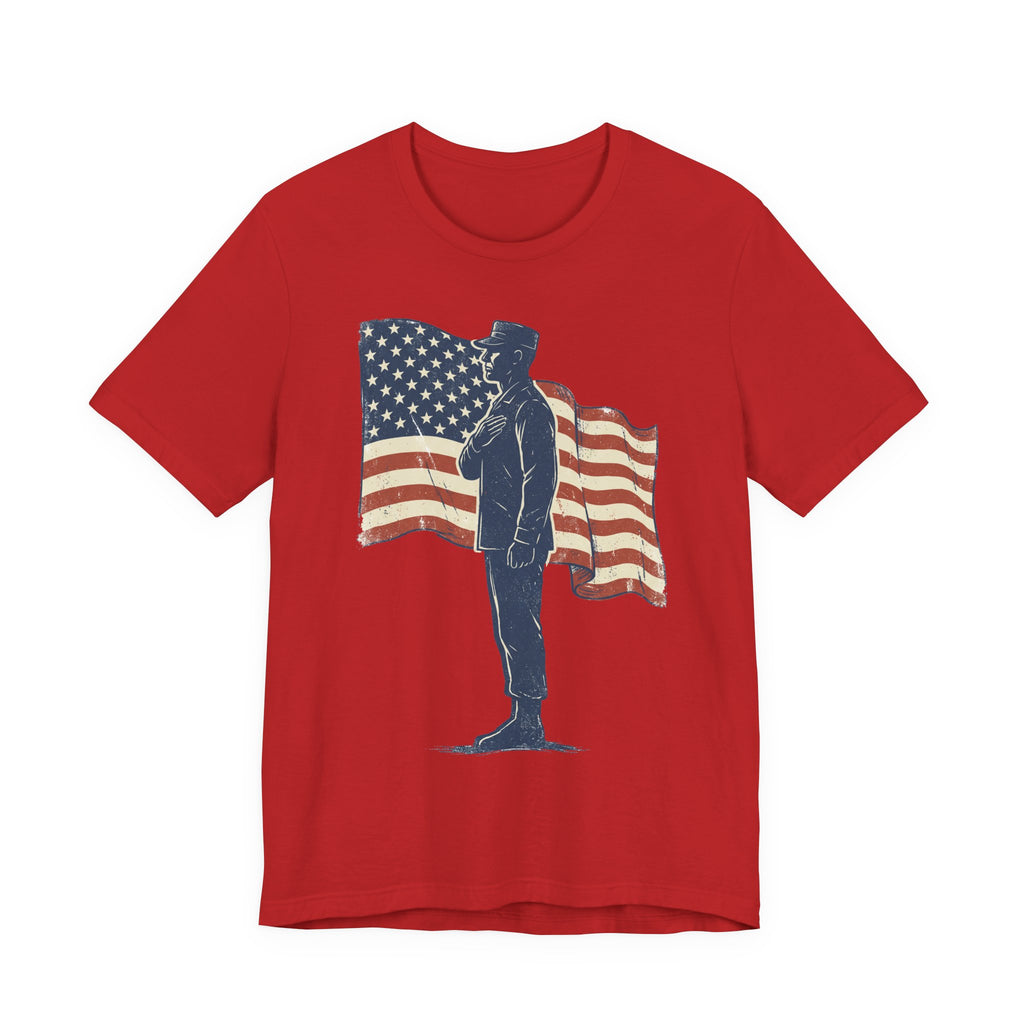 Red crewneck T-shirt with saluting soldier and American flag graphic