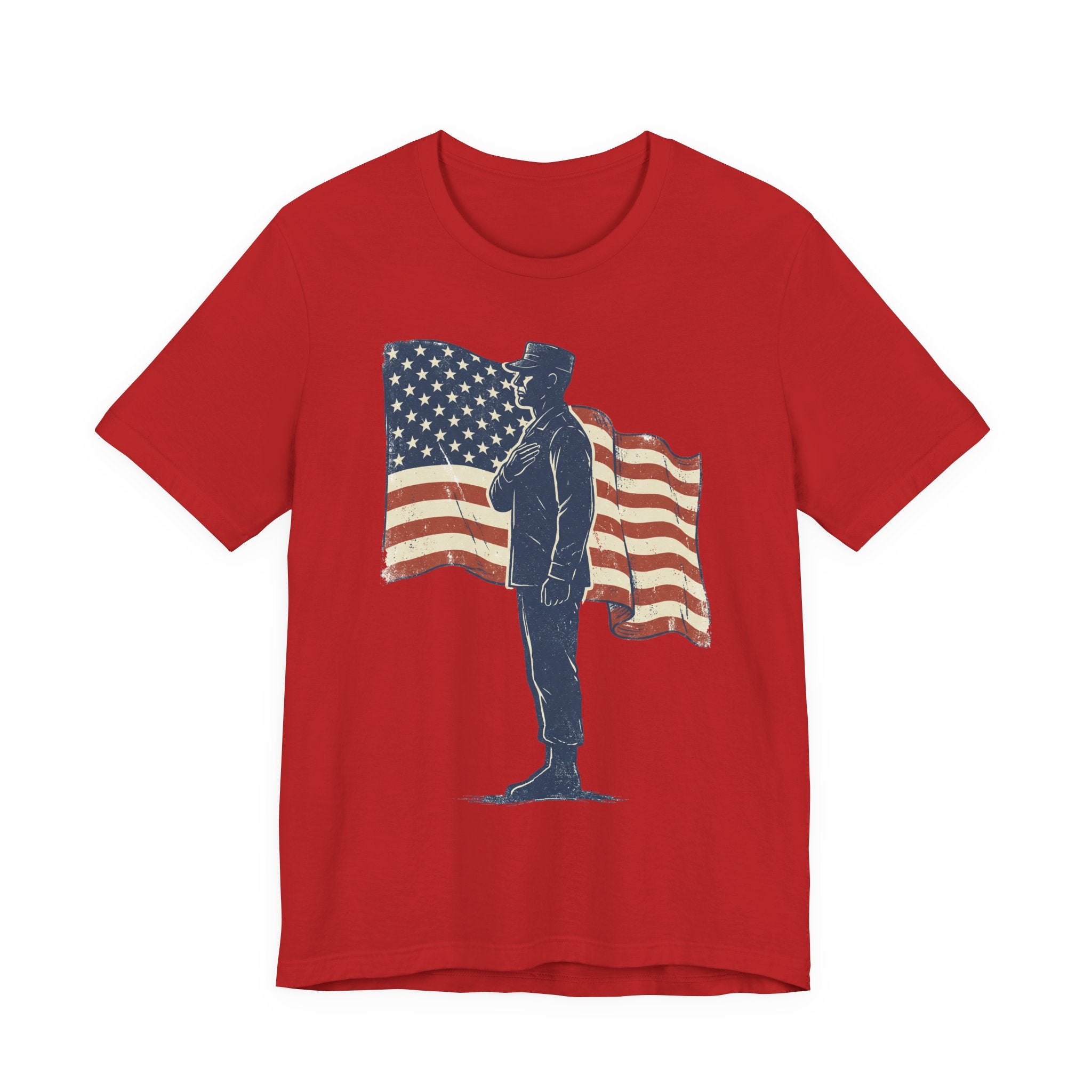 Red crewneck T-shirt with saluting soldier and American flag graphic