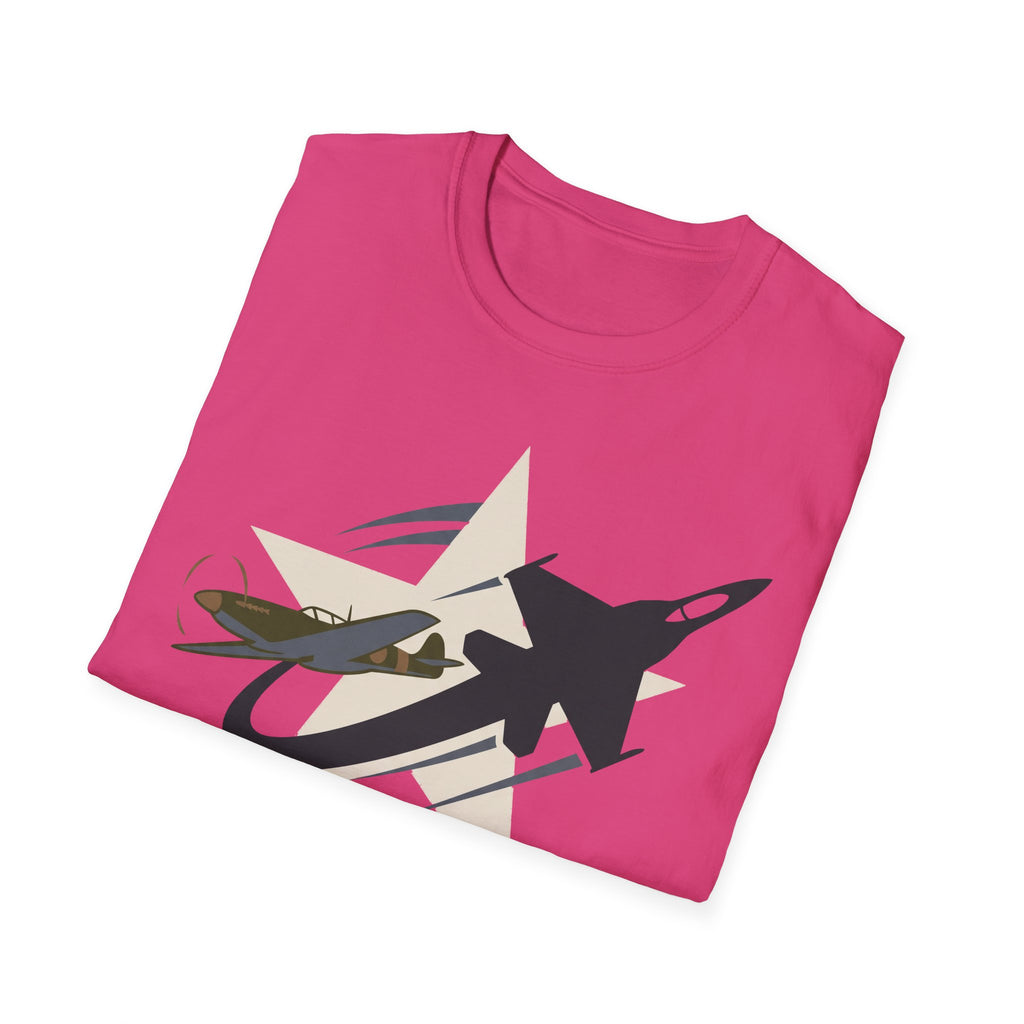 Bright pink crew-neck T-shirt with front military airplane graphic in dark shapes