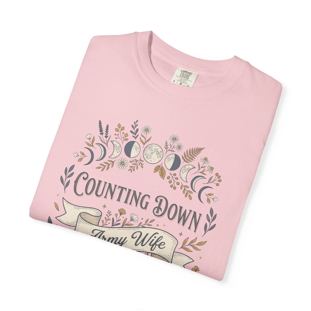 Light pink graphic T-shirt with floral crescent and “Counting Down” and “Army Wife”