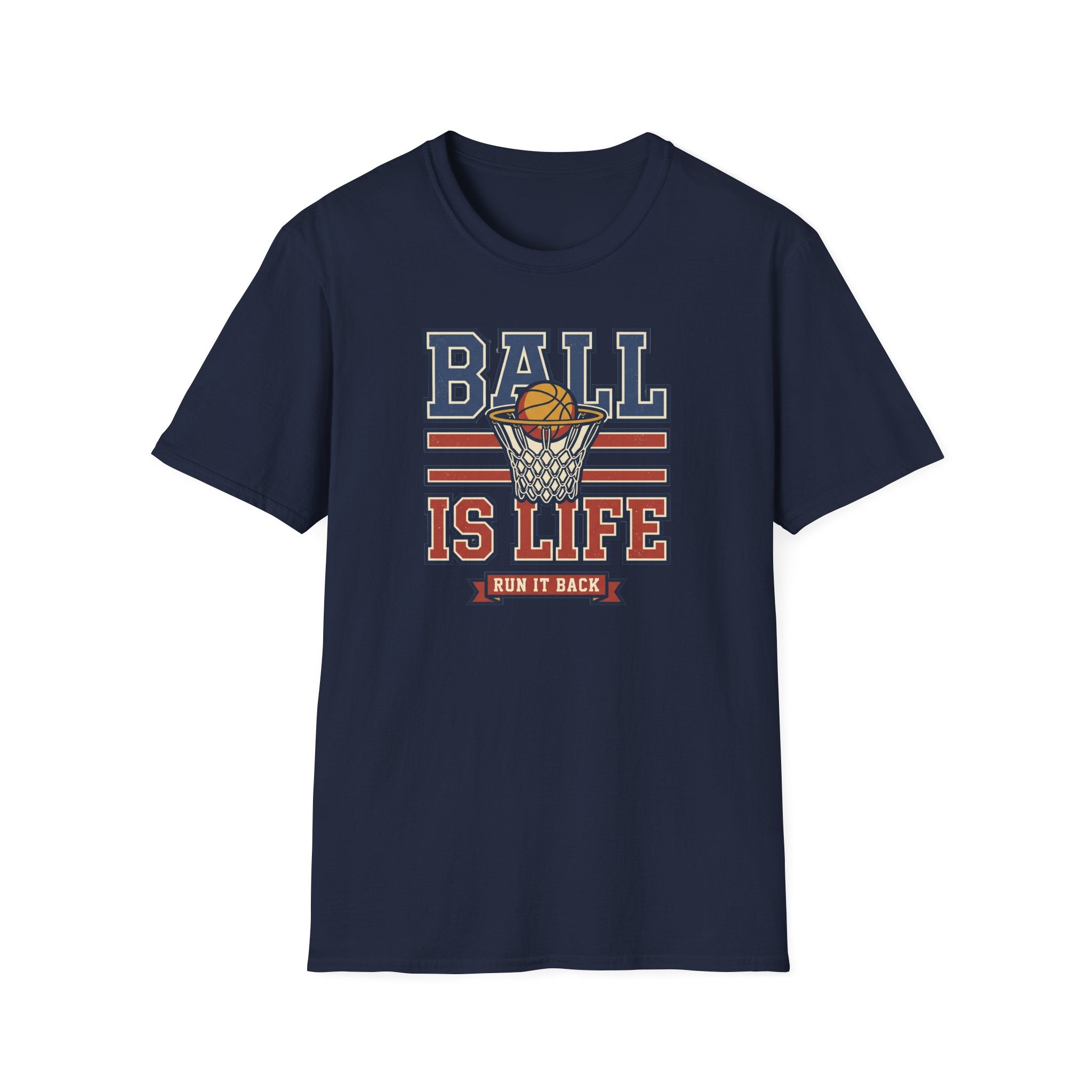 Navy basketball T-shirt with centered 'BALL IS LIFE' hoop graphic
