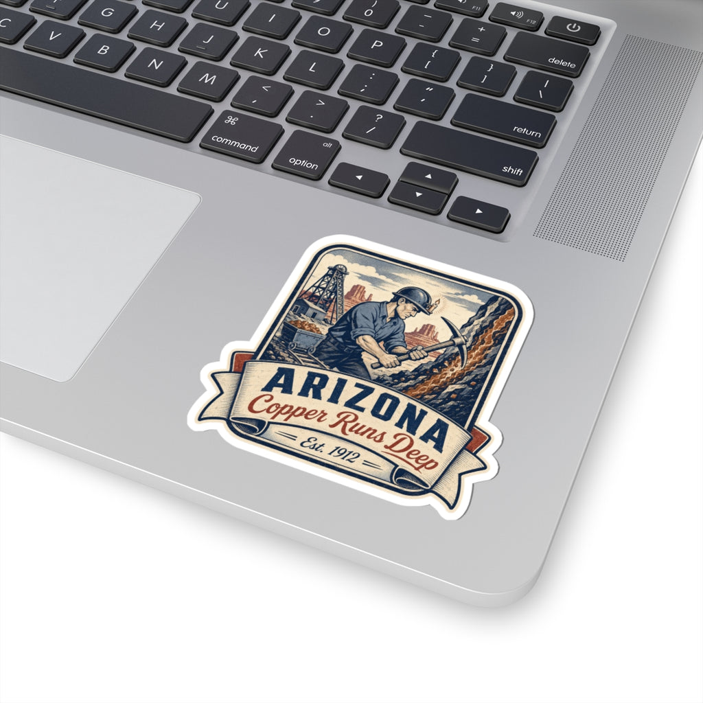 Arizona Copper Runs Deep sticker on laptop keyboard