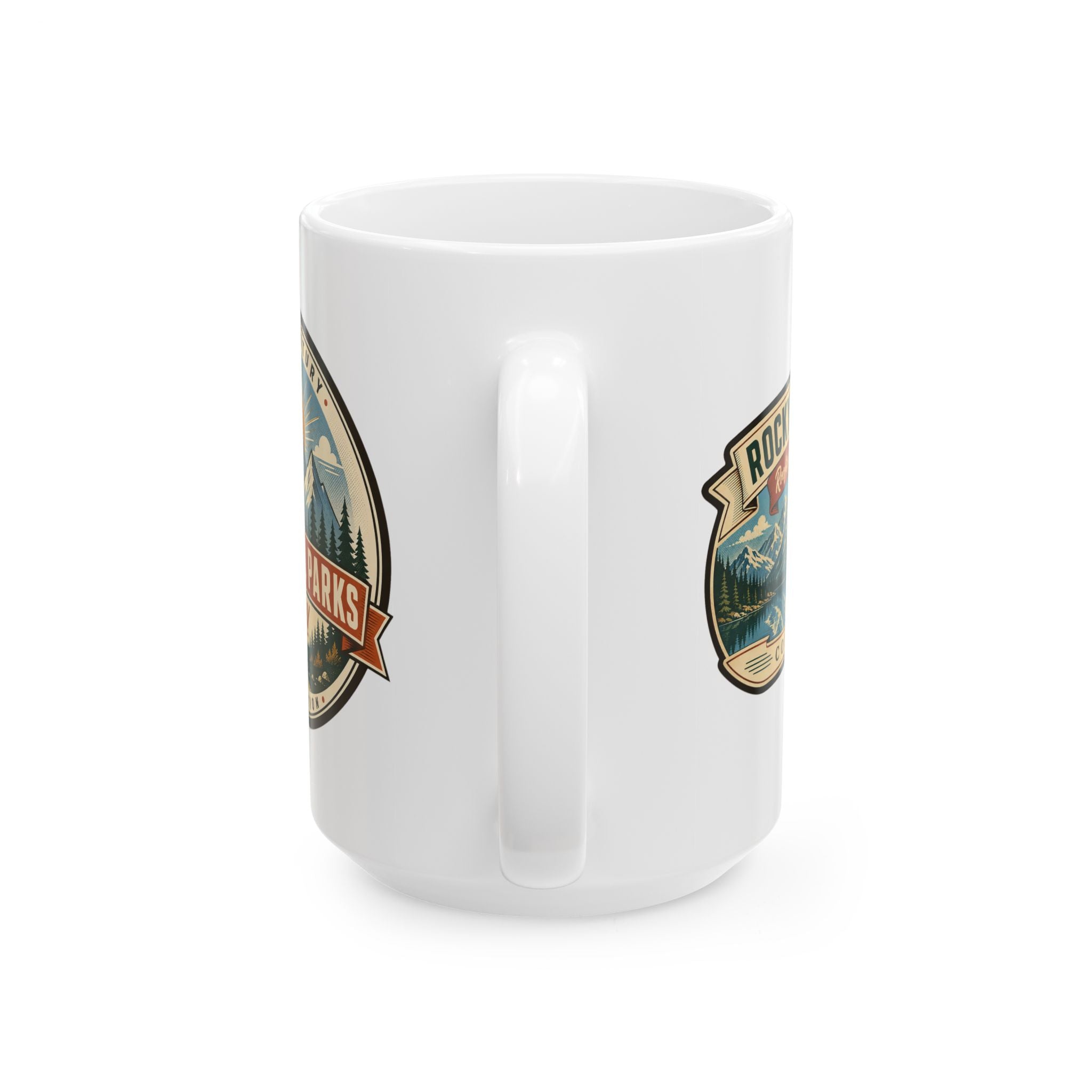 White ceramic coffee mug with Rocky Mountain emblem on opposite side, no handle shown