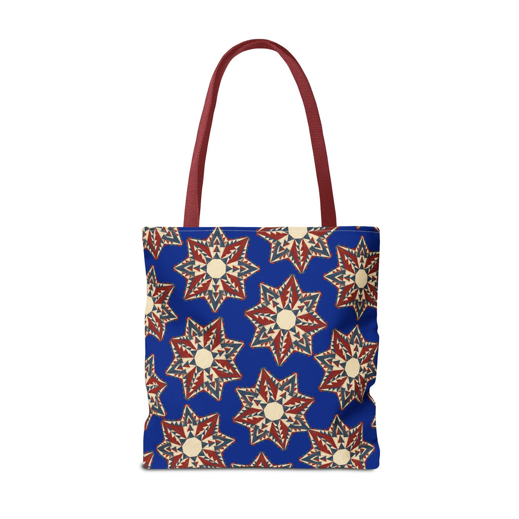 Blue starburst floral tote bag with burgundy handles, square top-opening design