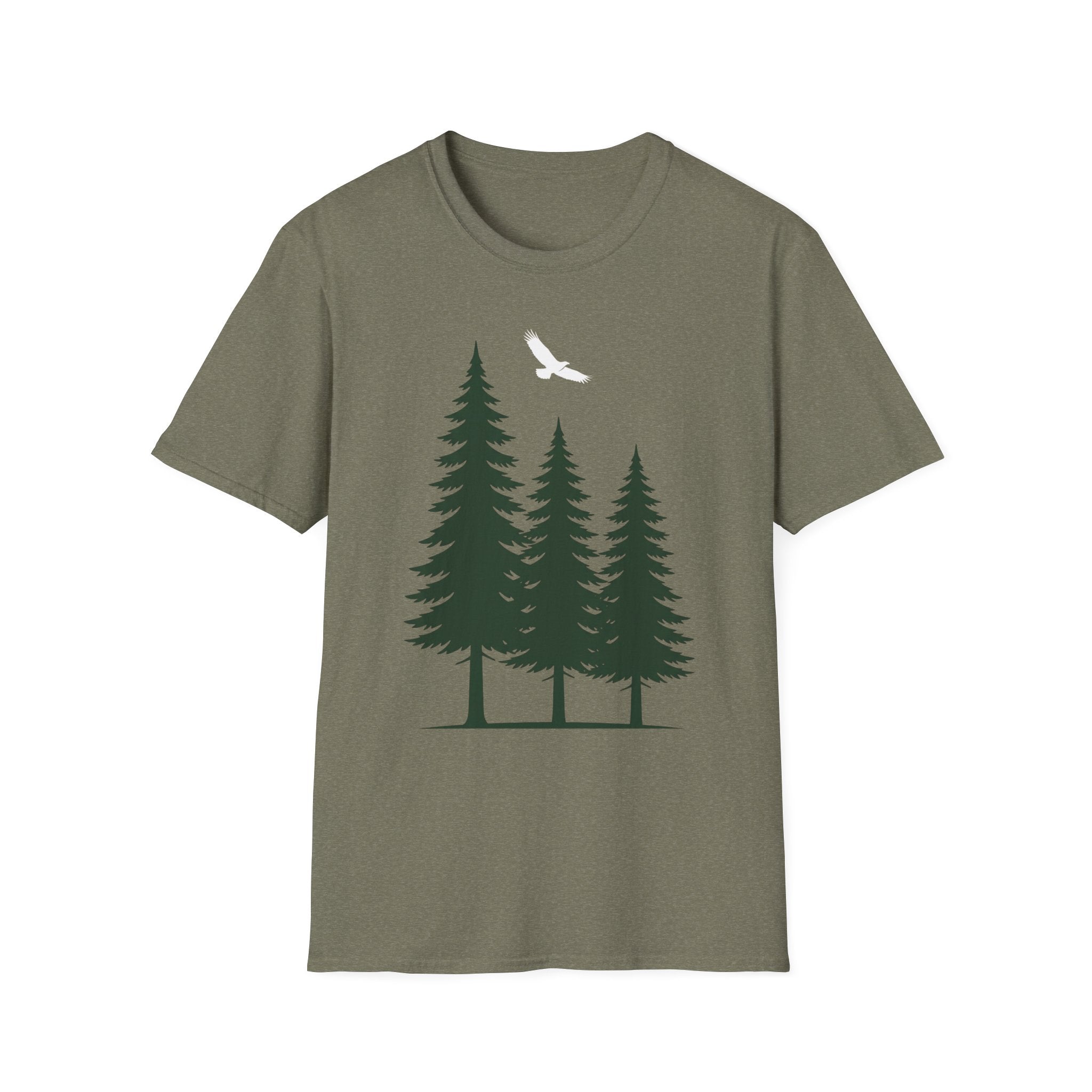 Forest nature T-shirt in olive green with pine trees graphic and white bird