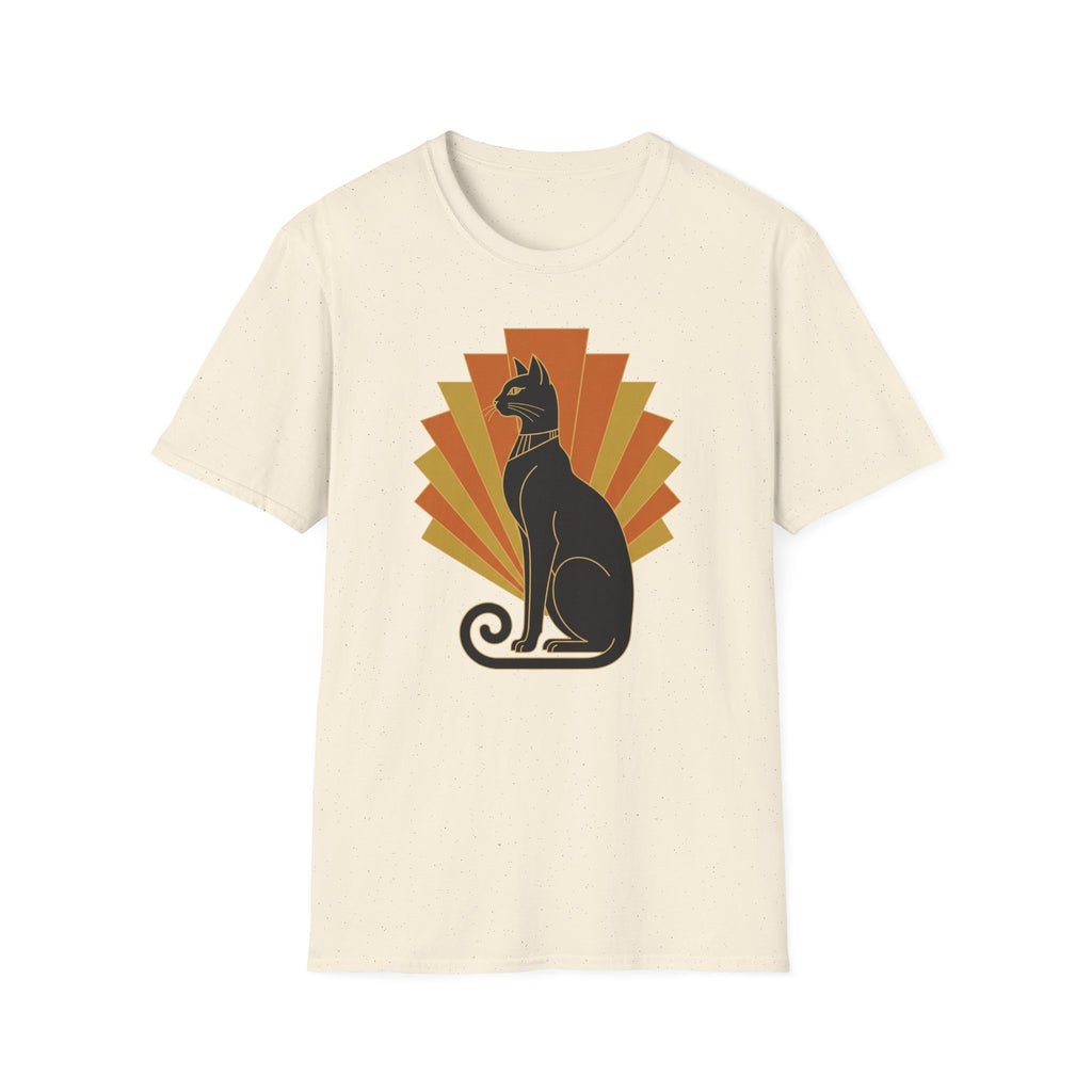 Cream cat T-shirt front with Egyptian-style black cat graphic and orange sunburst