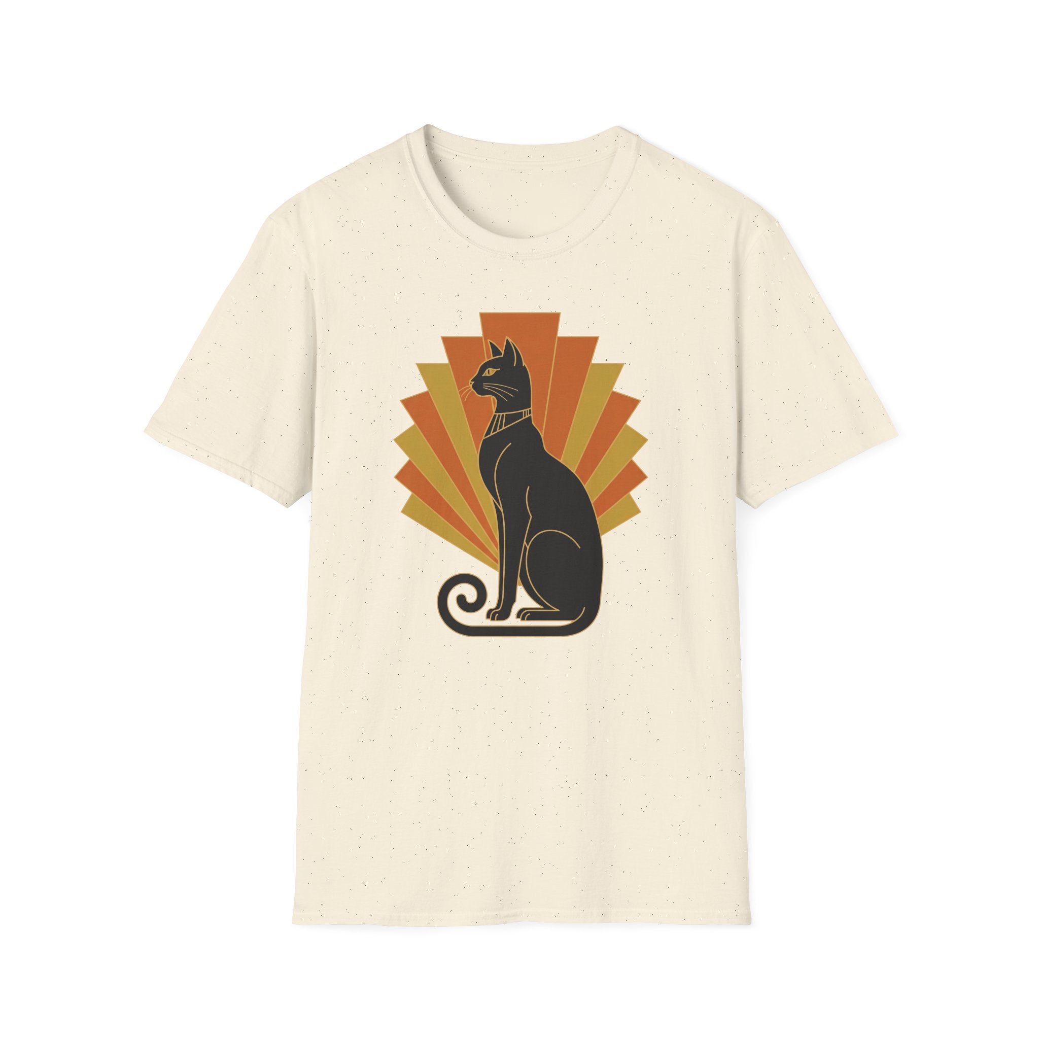 Cream cat T-shirt front with Egyptian-style black cat graphic and orange sunburst
