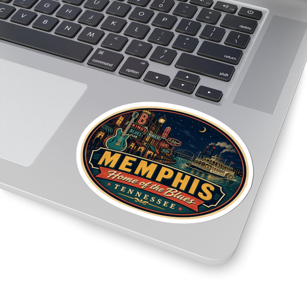 Round Memphis “Home of the Blues” Tennessee luggage tag sticker centered on laptop