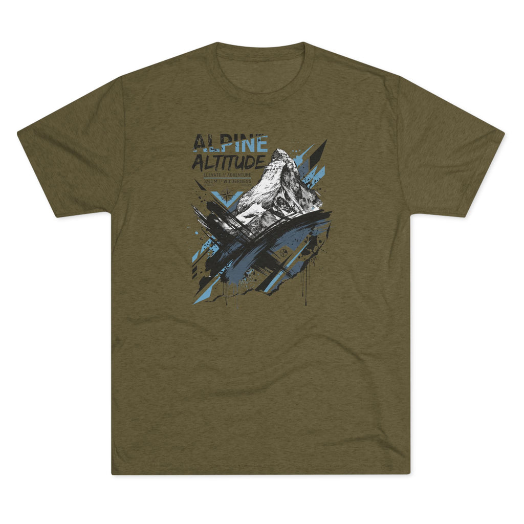 Olive T-shirt with mountain peak graphic and blue accent paint splashes