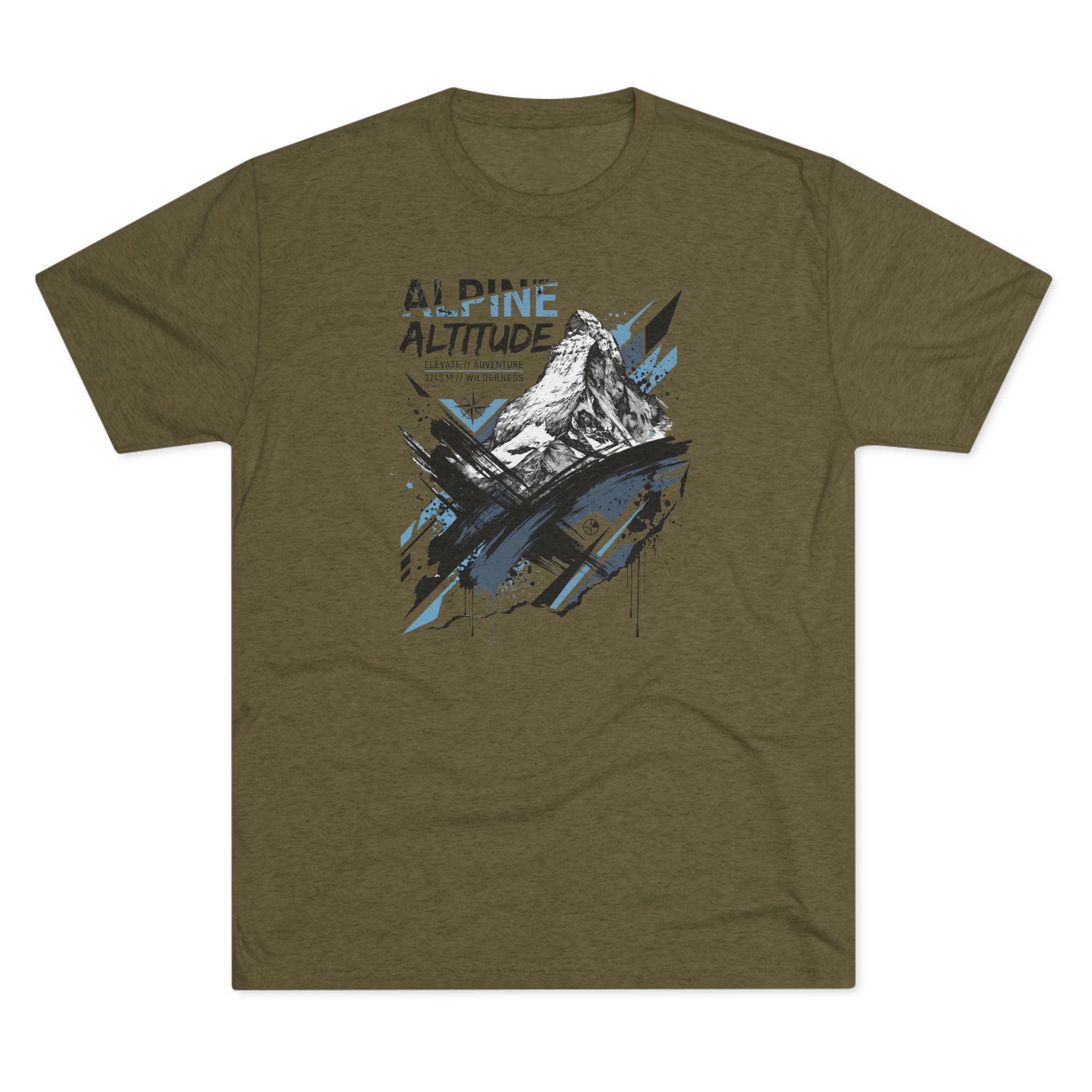 Olive T-shirt with mountain peak graphic and blue accent paint splashes