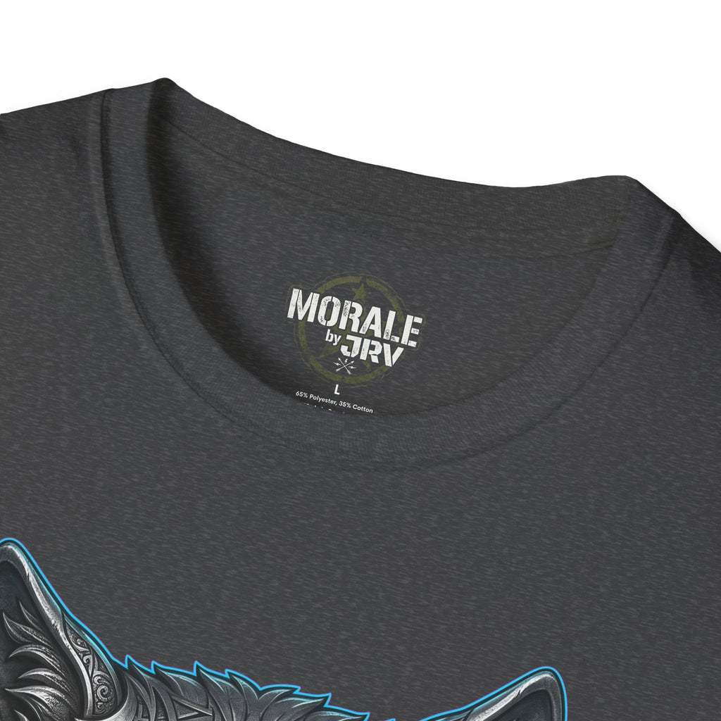 Dark heather T-shirt with wolf head illustration and glowing blue eyes