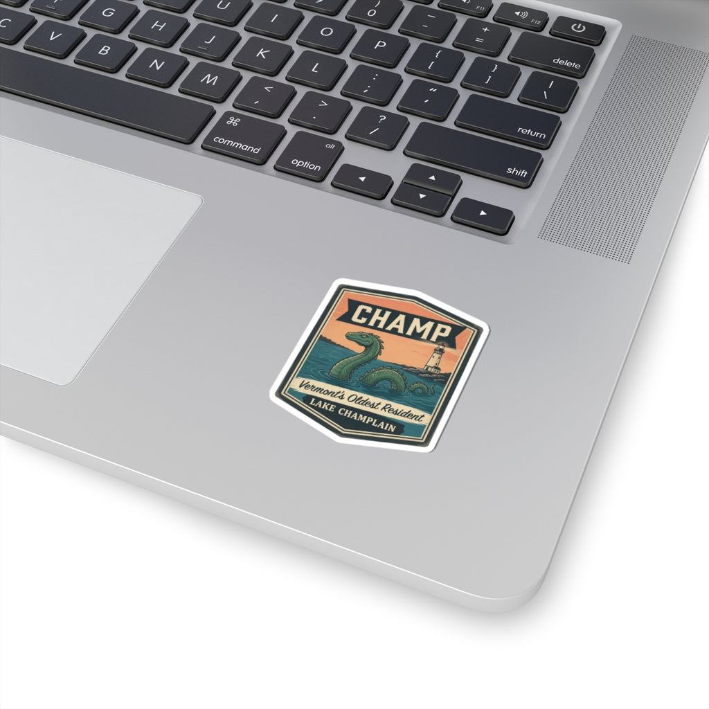 Champ sticker with vintage lighthouse and lake monster art, white kiss-cut border