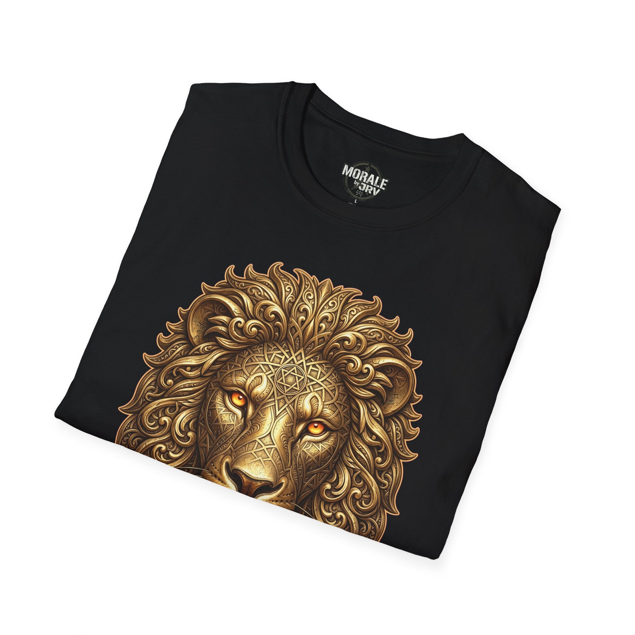 Black t-shirt with ornate gold lion head graphic on chest.