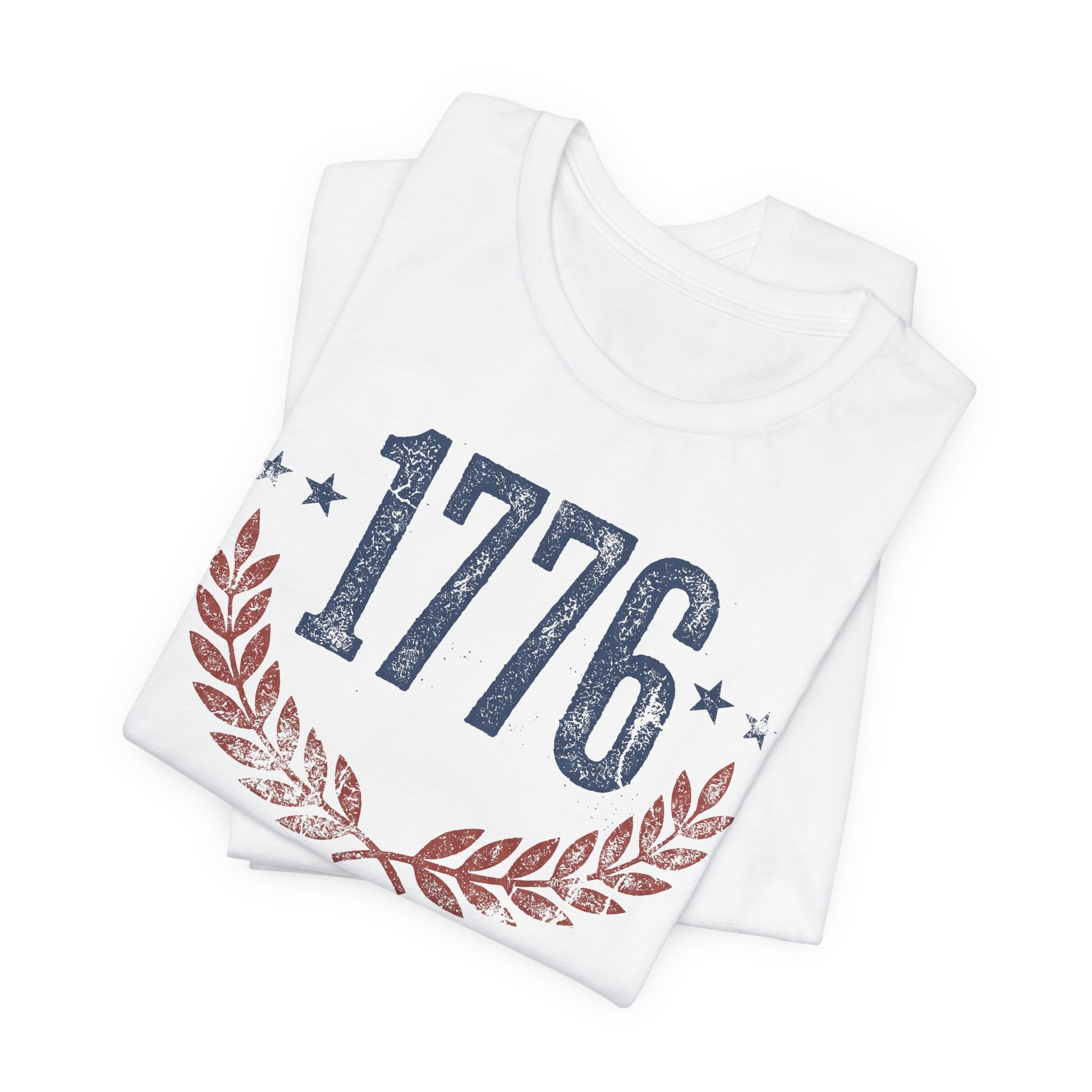 White T-shirt with “1776” graphic, stars, and laurel wreath