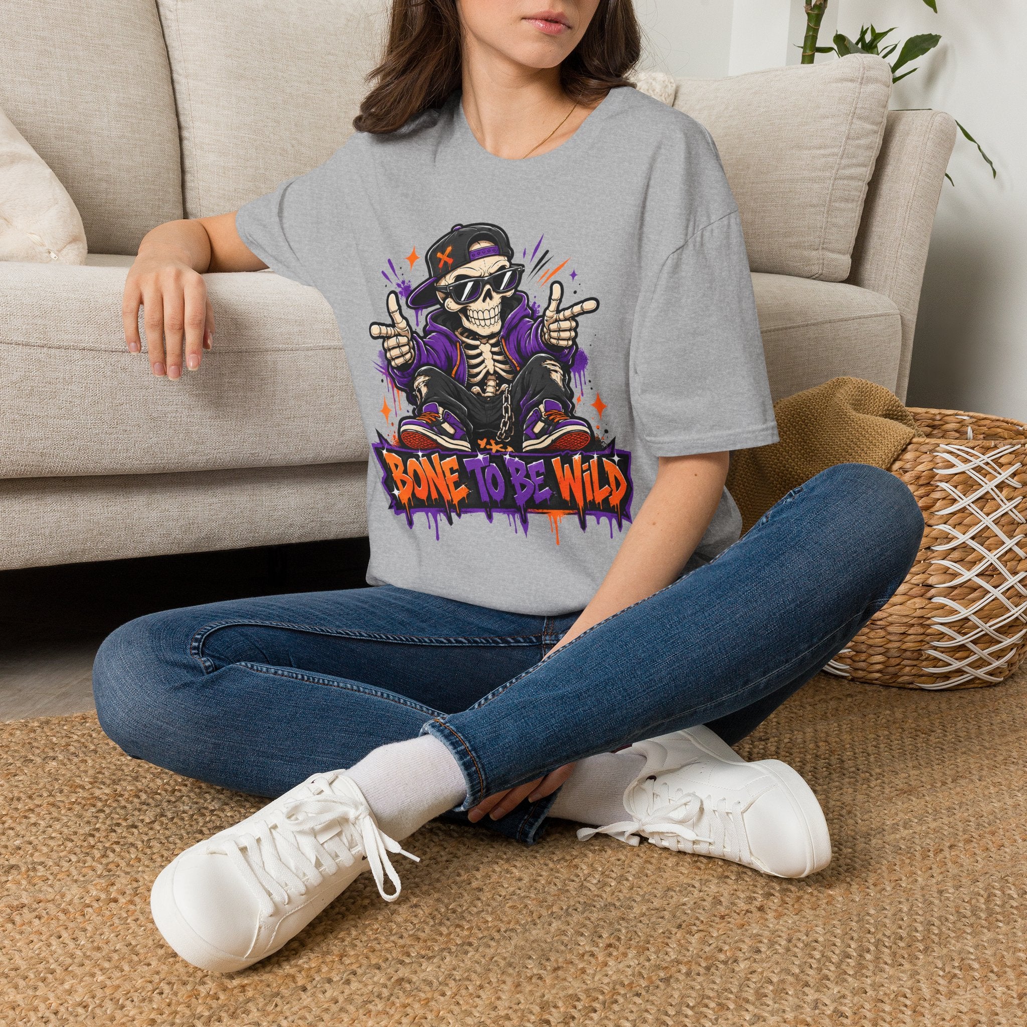 Heather gray skeleton DJ T-shirt with purple headphones skull front graphic
