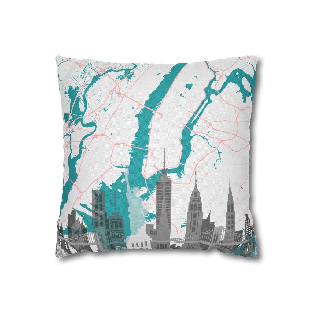 Teal city map skyline square pillowcase: teal river, gray roads, city skyline print