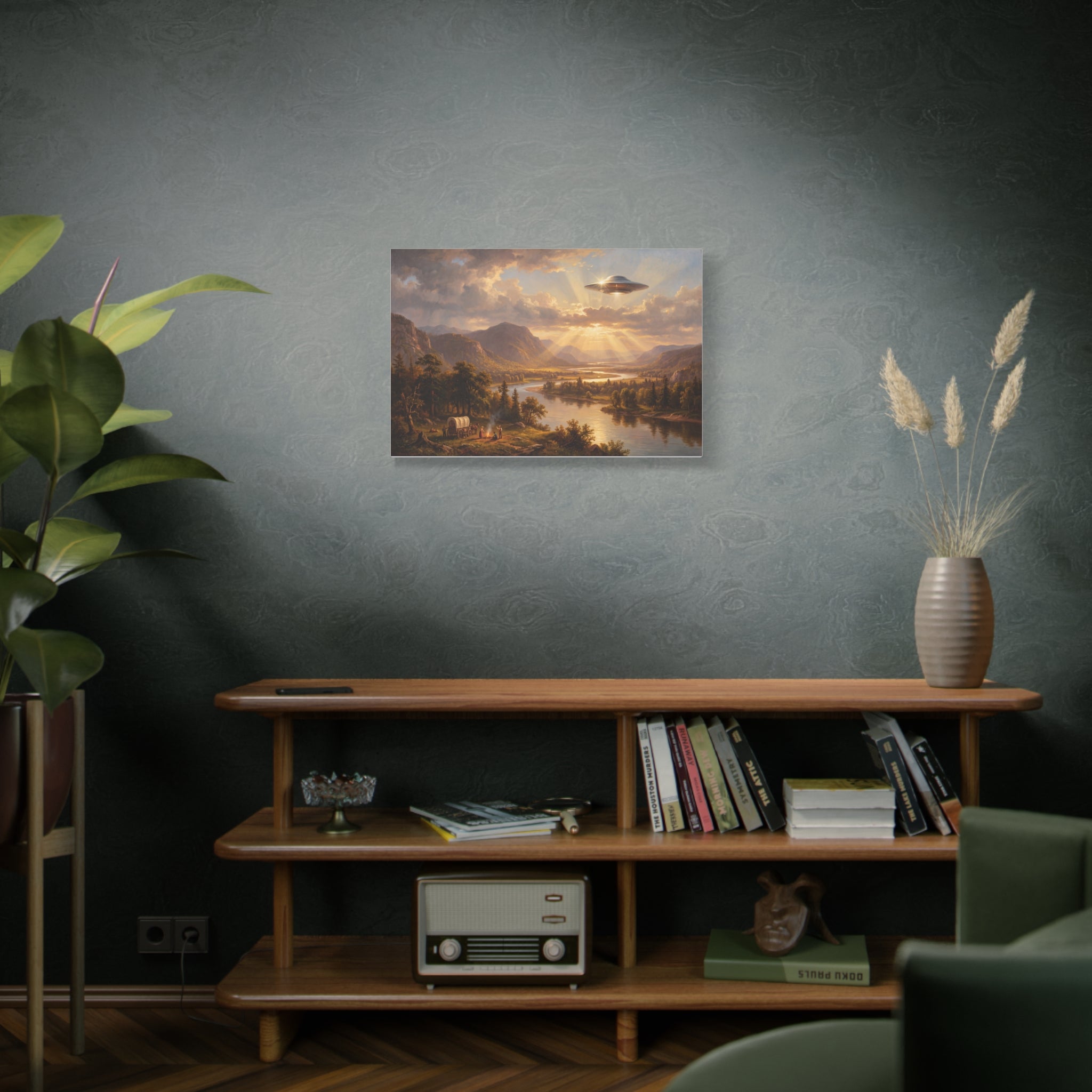 Rectangular landscape canvas wall art with mountains, river reflections, and sunset clouds.