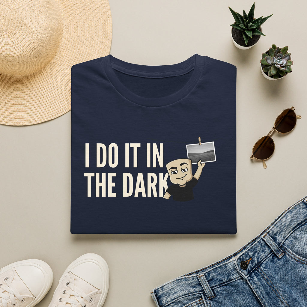 Navy T-shirt with “I DO IT IN THE DARK” camera graphic, crew neck short sleeve
