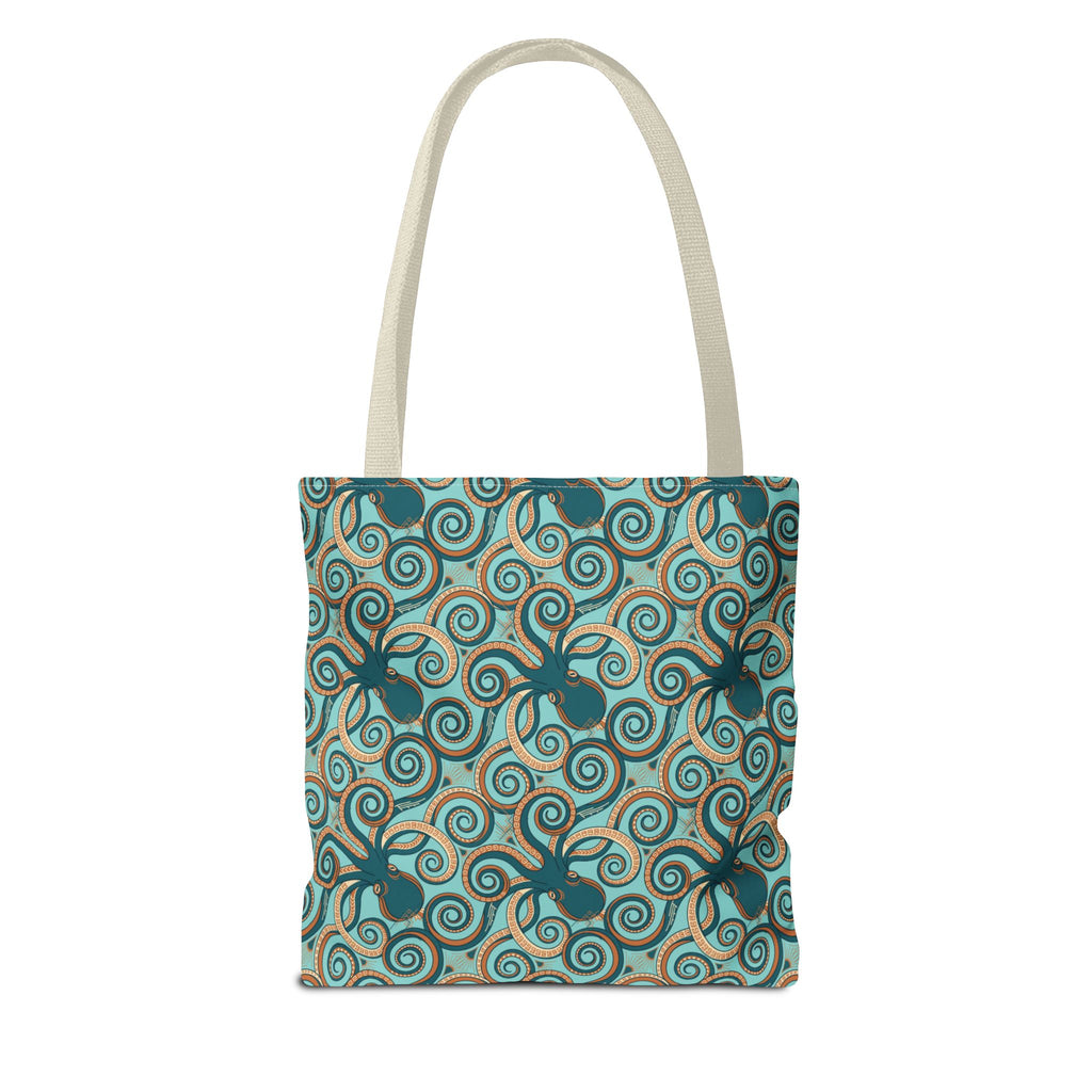 Teal octopus swirl tote bag with rope handles, square front panel.