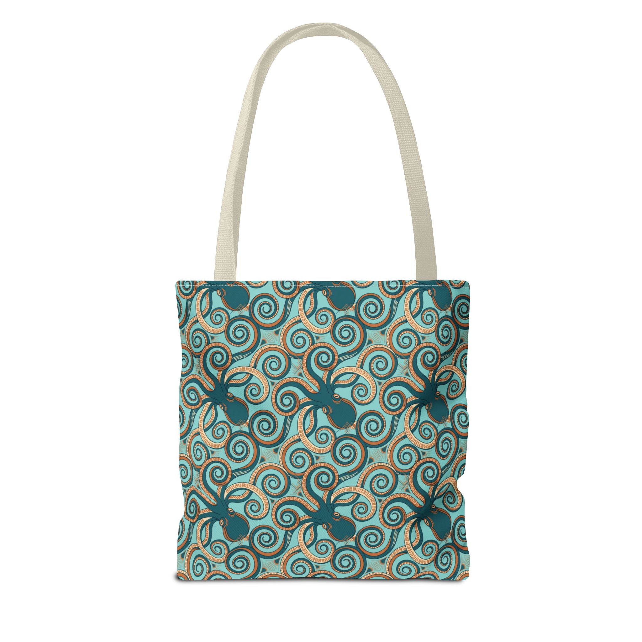 Teal octopus swirl tote bag with rope handles, square front panel.
