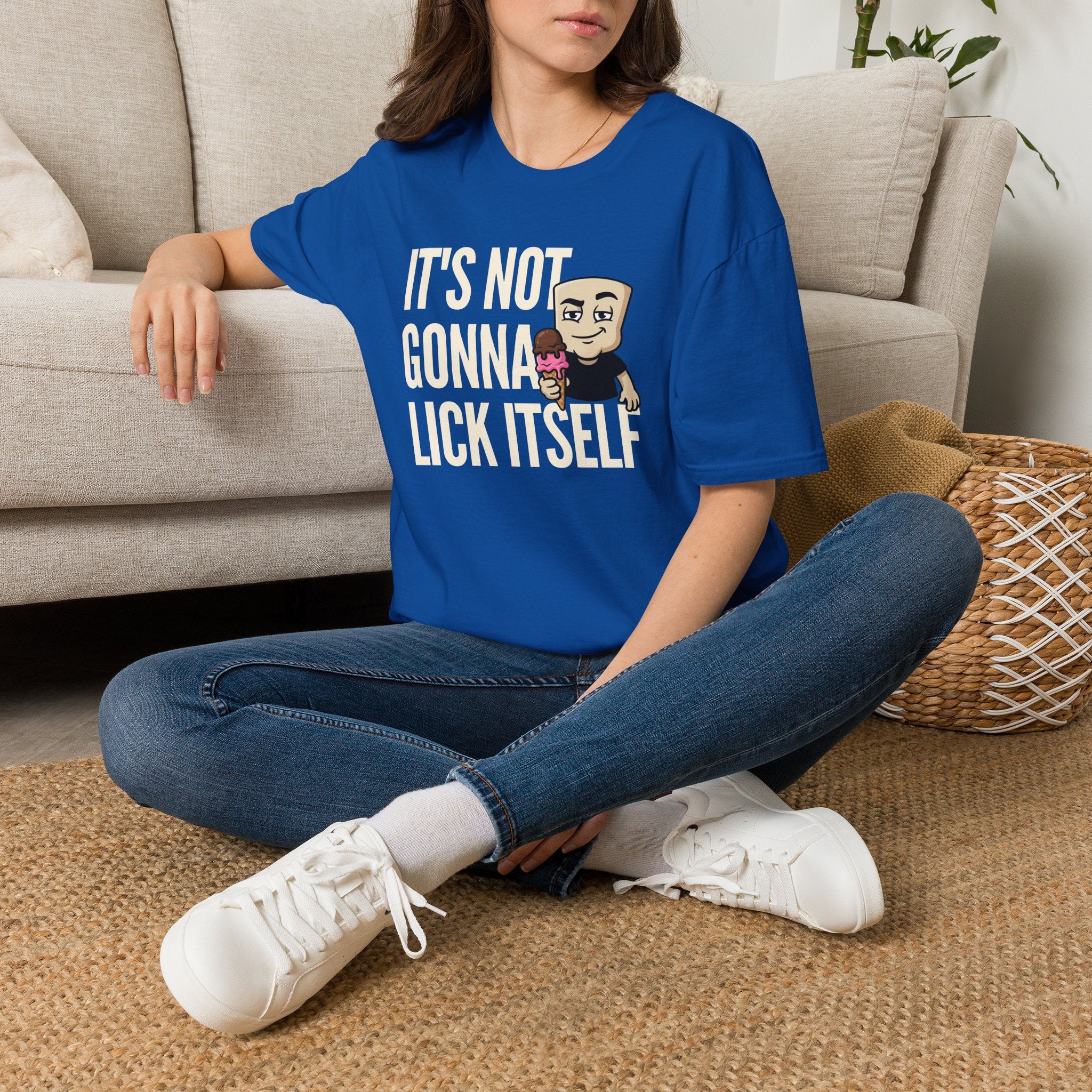 Royal blue graphic T-shirt with humorous text and cartoon character