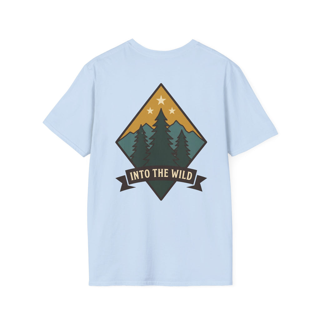 Light blue t-shirt with colorful pine mountain diamond and “Into the Wild” ribbon.