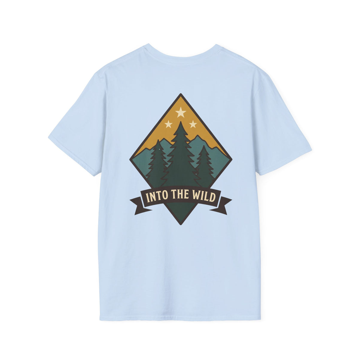 Light blue t-shirt with colorful pine mountain diamond and “Into the Wild” ribbon.