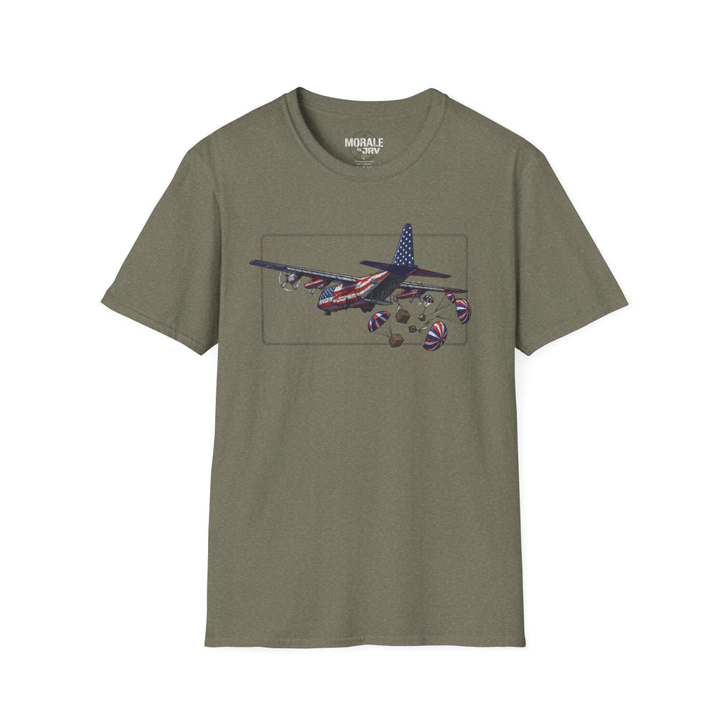 Olive C-130 T‑Shirt mit Grafik von Flugzeug und Fallschirm-Paketen im Rahmen