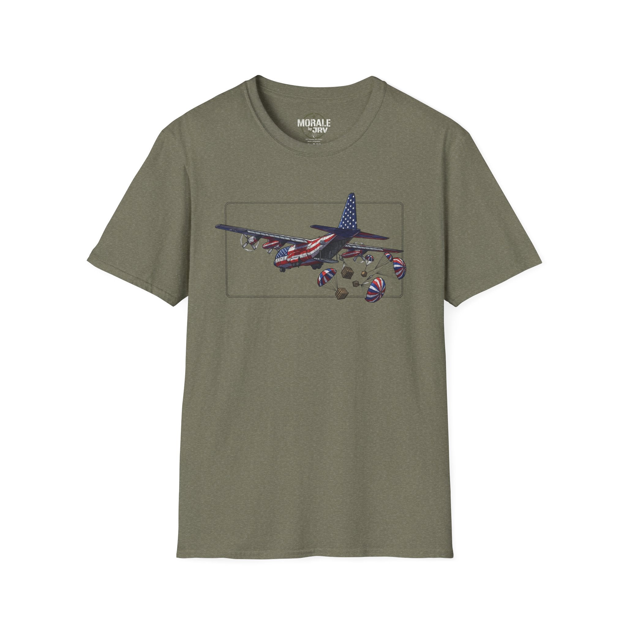 Olive C-130 T‑Shirt mit Grafik von Flugzeug und Fallschirm-Paketen im Rahmen