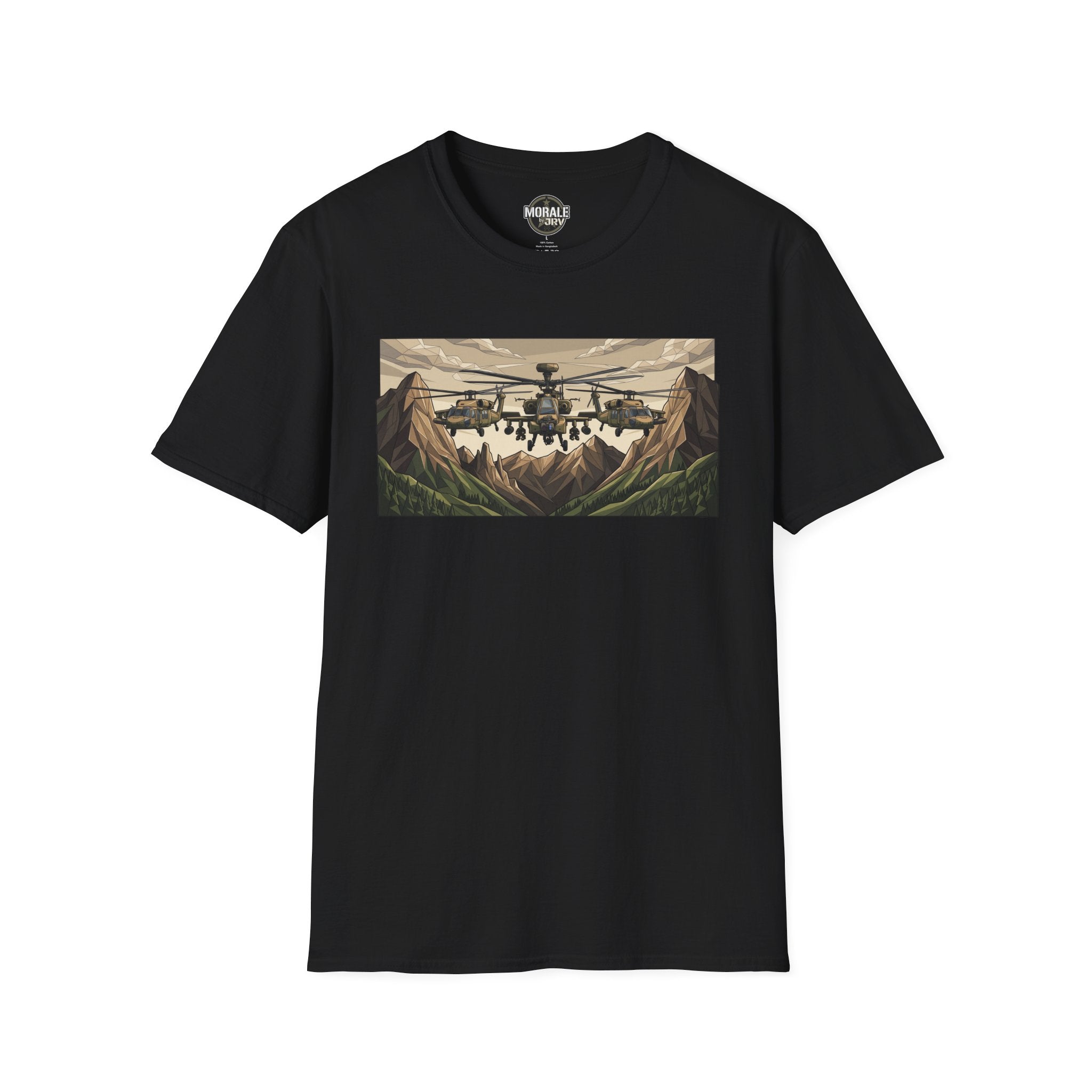 Attack Helicopter T-Shirt in Black with mountain helicopter graphic centered