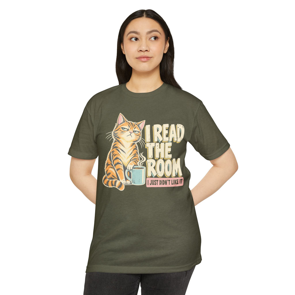 Olive green cat T-shirt with front graphic reading "I Read the Room"