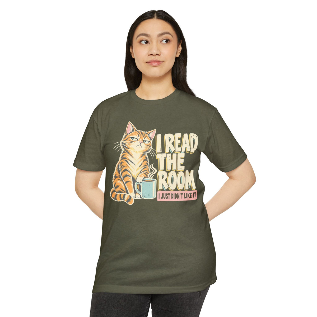 Olive green cat T-shirt with front graphic reading "I Read the Room"