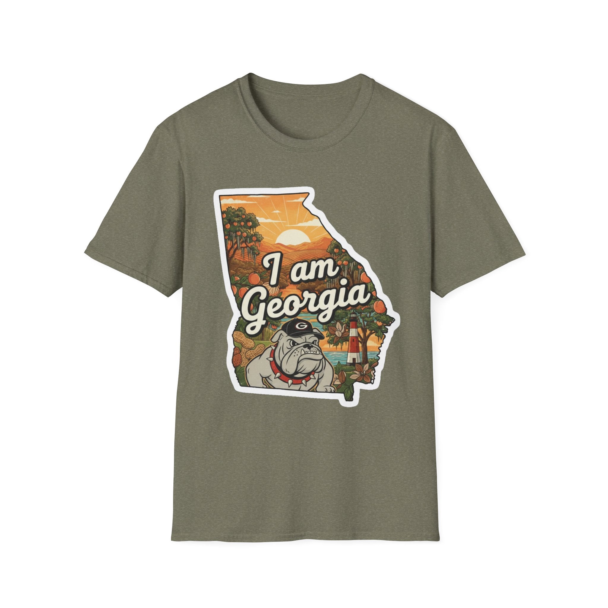 Olive green T-shirt with “I am Georgia” bulldog state map sunset graphic