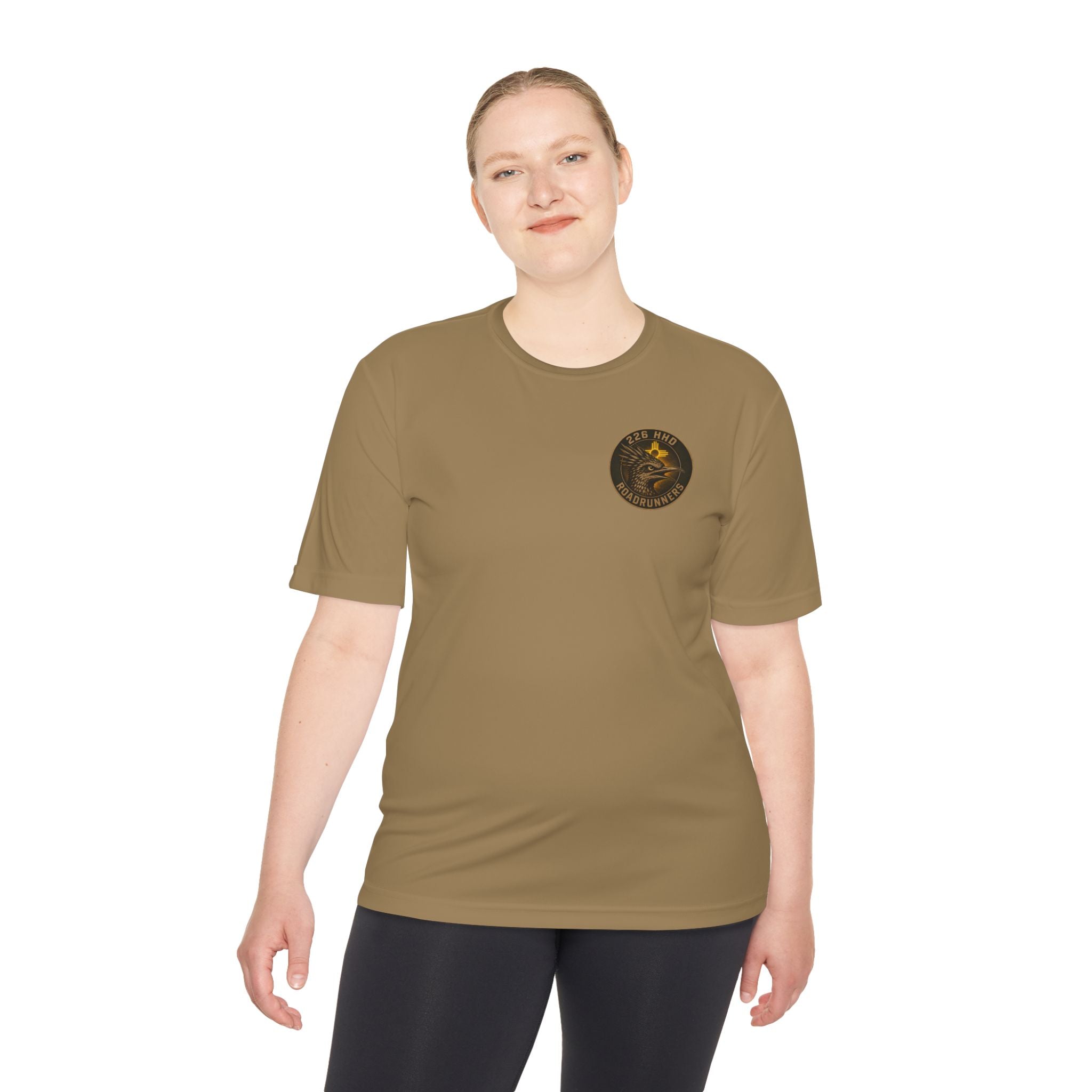 Coyote brown polyester T-shirt with round chest emblem, worn by female model