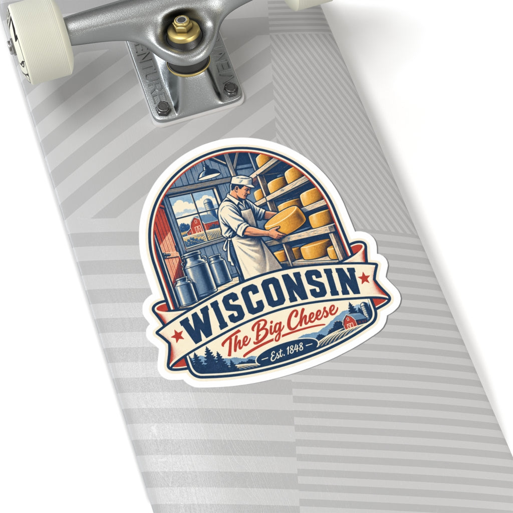 Wisconsin cheese sticker on a clipboard page, with cheesemaker, cheese wheels, and "WISCONSIN"