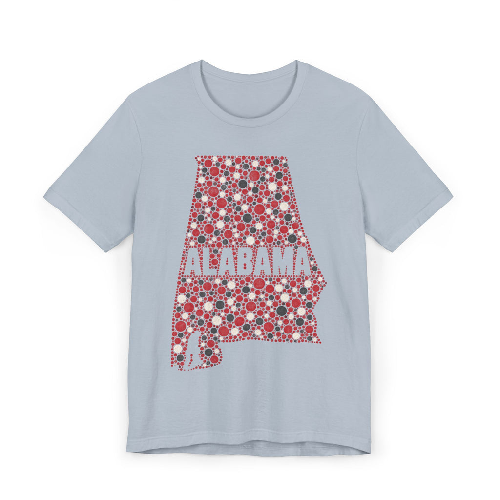 Light blue Alabama graphic T-shirt with red dotted state outline and “ALABAMA” text
